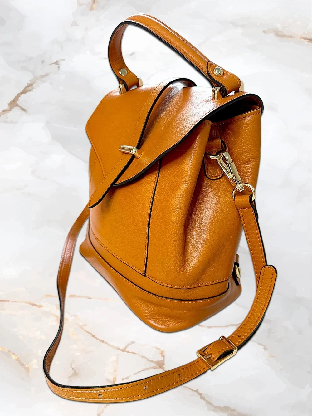 Divina Firenze Italy 3 Way Convertible Leather Backpack Crossbody EUC Cognac Tan
